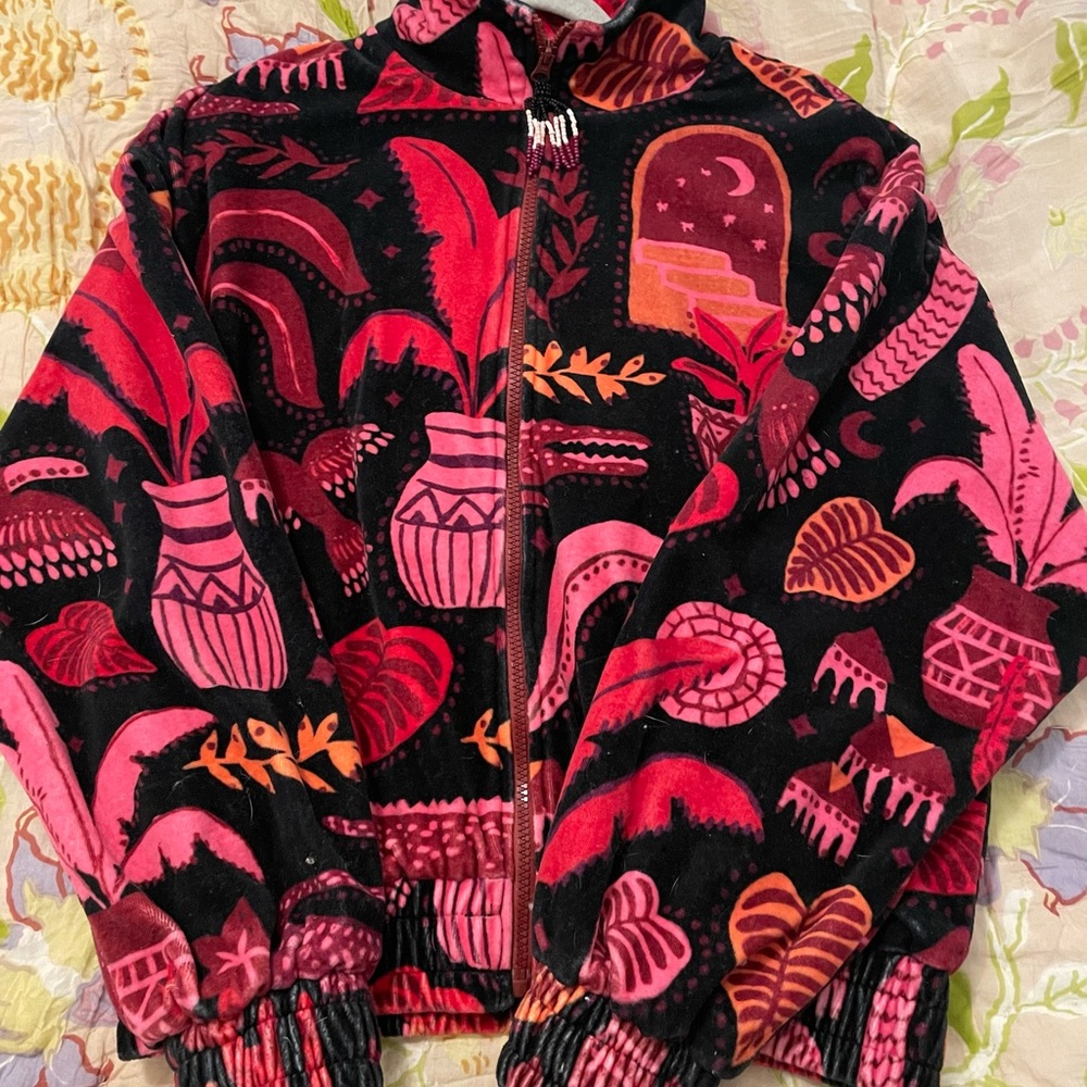 FARM RIO Black Tropical Magic Plush Velvet Bomber Jacket Back Pink